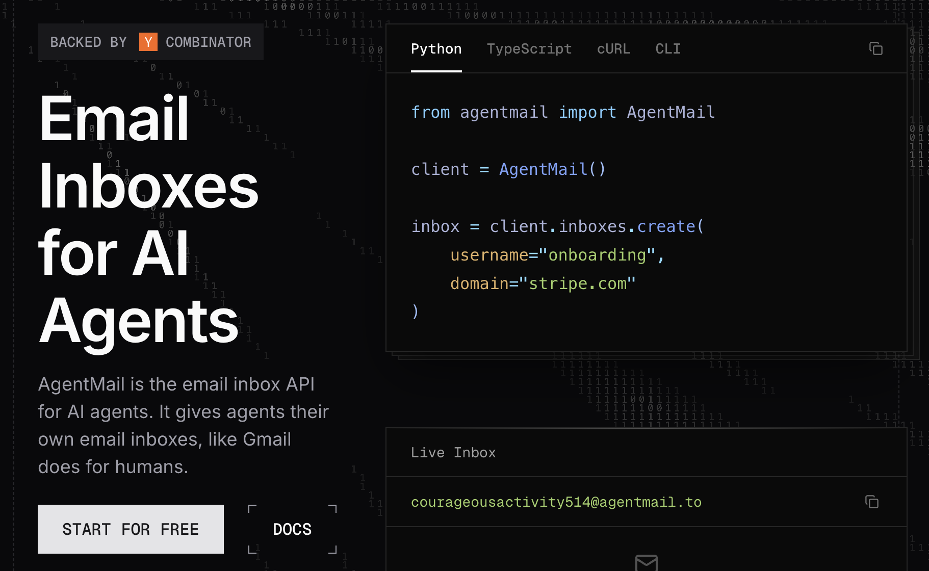 AgentMail — email inbox API giving AI agents their own addresses, with a Python snippet creating an inbox and a live inbox address