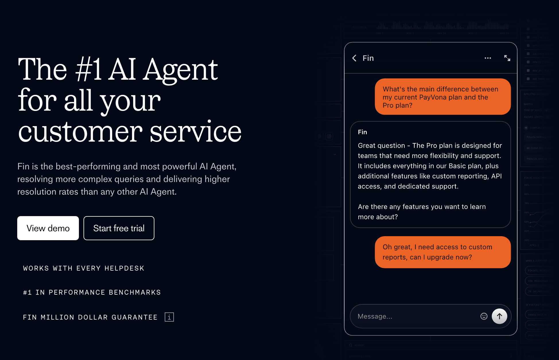 Intercom Fin marketed as the #1 AI Agent for all your customer service, with a live chat resolving a plan-upgrade question end to end