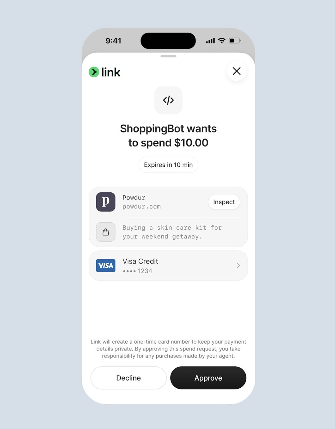 Stripe Link agent payment approval — a ShoppingBot requesting to spend $10.00 with a one-time virtual card, time-limited, with Decline and Approve controls