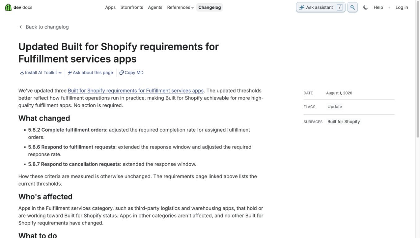 Shopify changelog detail showing Install AI Toolkit, Ask about this page and Copy MD controls