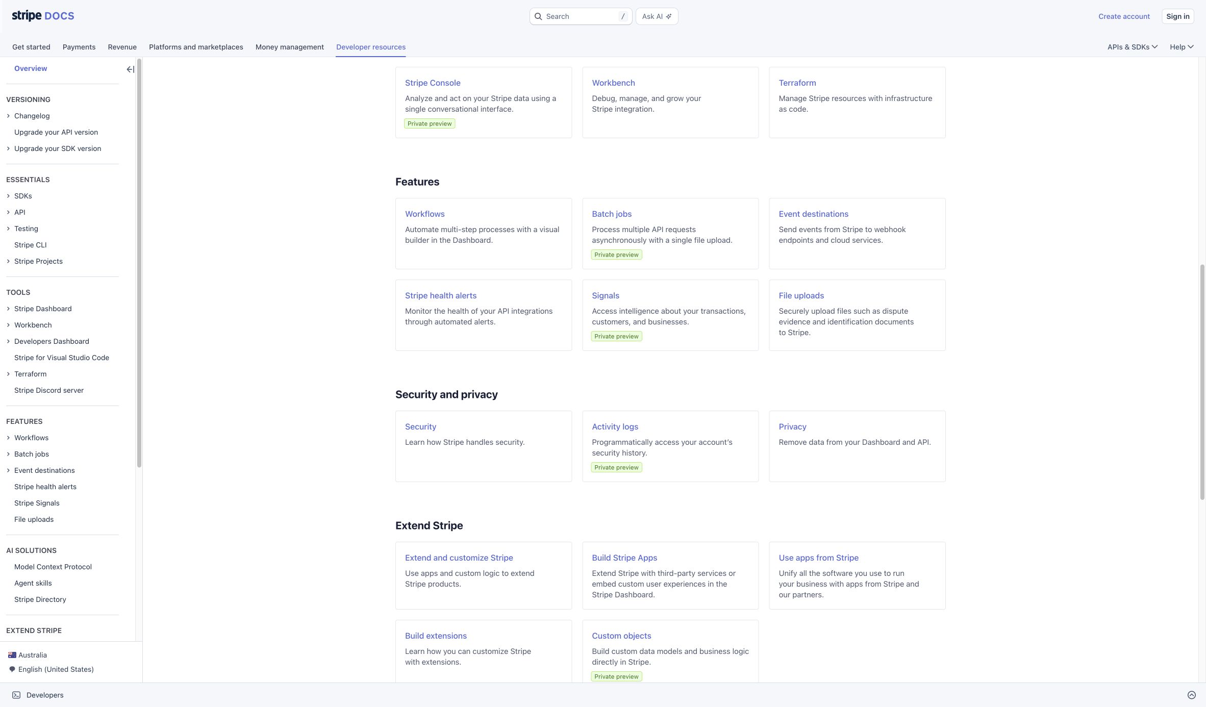 Middle section of Stripe Developer Resources