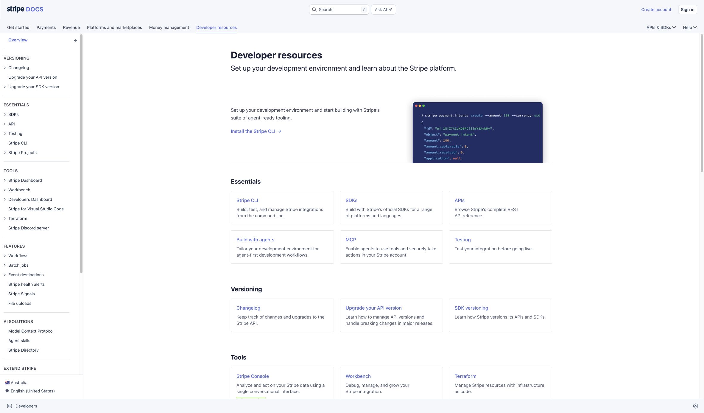 Upper section of Stripe Developer Resources